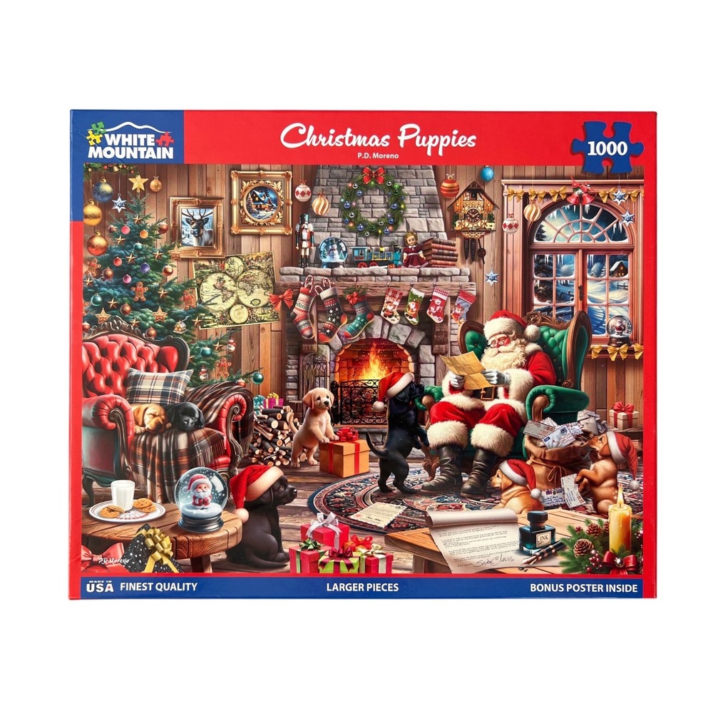 White Mountain Christmas Puppies 1000 Piece Jigsaw Puzzle P.D. Moreno Complete